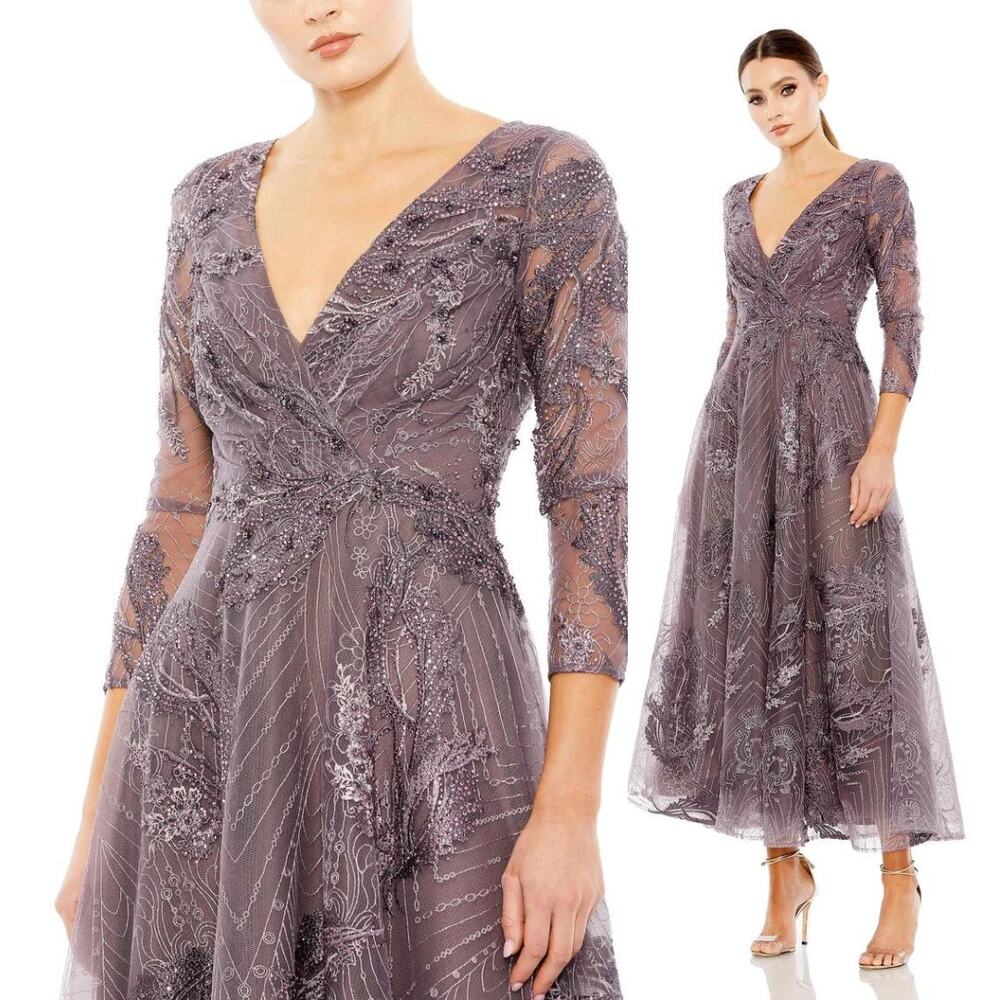 MAC DUGGAL 20336 Embellished Wrap Over 3/4 Sleeve Dress Aubergine 18 $698